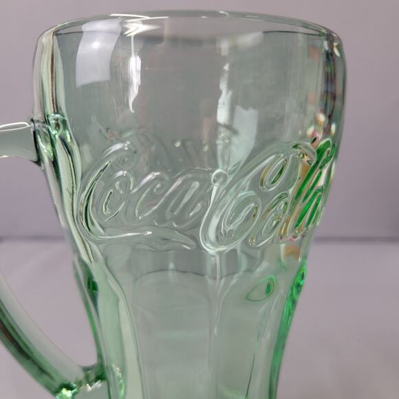 Libbey Coca Cola Glass Mug 16 fl oz Handled Green Tint Heavy 6.25" Tall Embossed - Picture 7 of 12